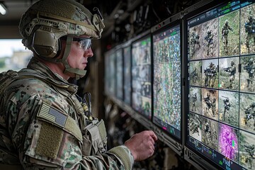 Soldier analyzing tactical screens in a command center during a military operation near a conflict zone