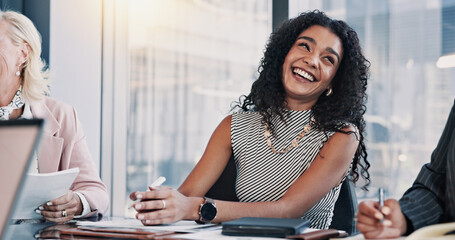 Conversation, happy and businesswoman in meeting for laughing together, joke or planning....