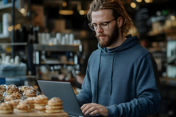 Fototapeta premium Man working on laptop in cafe surrounded by pastries and ambiance