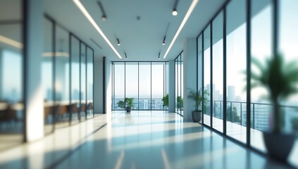 Modern office corridor with clean walls, glass windows, and bright lighting
