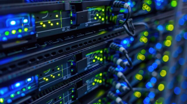 Server load balancer concept with blinking lights shows network traffic flow in a distributed system aiding digital infrastructure people.
