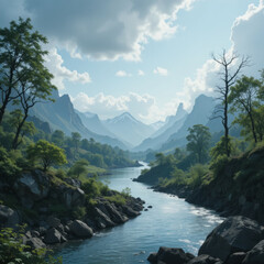 Fototapeta premium serene landscape featuring river winding through mountains, surrounded by lush greenery