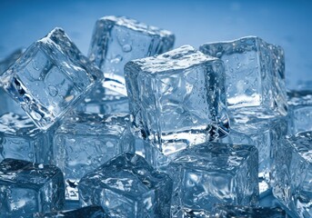 Obraz premium A close-up of a pile of crystal-clear ice cubes reflecting light and showcasing their intricate details