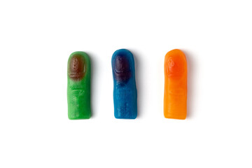 Colorful gummy fingers candy sweets representing halloween trick or treat fun