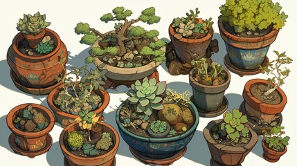 An artistic illustration showcasing a collection of various potted succulents and small plants. The diverse arrangements are presented in different terracotta and decorative pots.