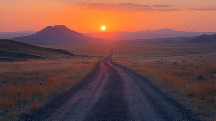 Fototapeta premium Sunset over a vast, flat landscape with a dirt road leading towards a distant butte