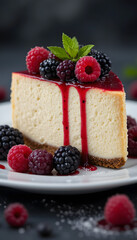 "Close-Up of Vegan Cheesecake Slice with Fresh Berries and Berry Sauce"