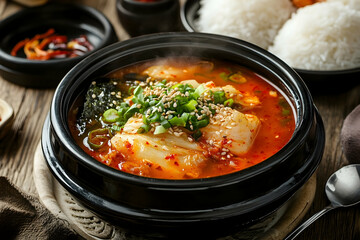 Kimchi jjigae served in a traditional black earthenware pot close up view