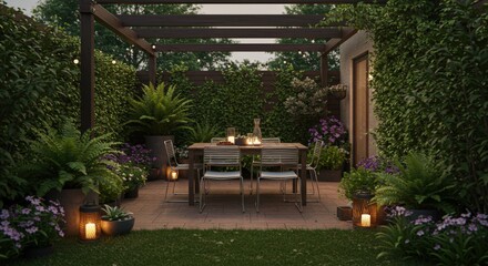 Peaceful outdoor dining space surrounded by greenery and flowers, offering a relaxed and tranquil ambiance for any occasion.
