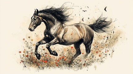 Majestic horse galloping amidst wildflowers
