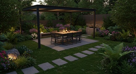 Cozy outdoor dining area under a pergola surrounded by lush greenery and soft lighting, perfect for evening gatherings.
