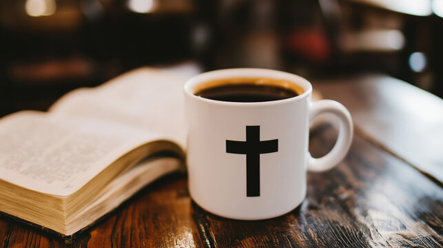 White coffee mug with Christian cross and open Bible on wooden table, faith and devotion