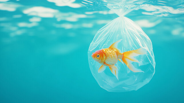 Goldfish in plastic bag floating underwater, symbolizing environmental pollution and captivity