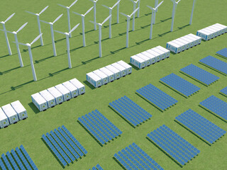 hybrid renewable energy system. wind turbine farms, battery energy storage containers plus solar panels generate green electricity. sustainability concept. 3d rendering illustration. © Adil Bouimama