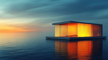 Fototapeta premium Sunset view of a modern, illuminated floating house on calm water