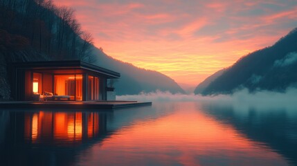 Fototapeta premium Sunset view of a modern lakeside cabin with warm interior lighting reflected in calm water