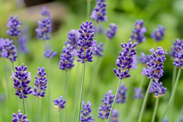Elegant lavender flowers with a blurry green background in a field setting