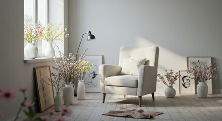 A bright and airy room featuring a comfy armchair surrounded by flower-filled vases and artwork on the floor, with light streaming in from the window.

