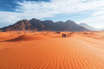 Couple walking in vast orange desert landscape under a blue sky with mountains in the background.