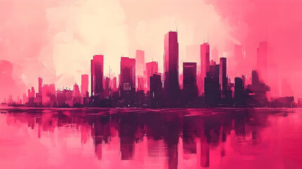 Fototapeta premium Pink city skyline reflection, urban sunrise, background art