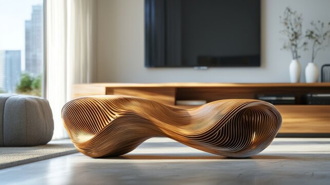 Sculptural Wooden Bench in Modern Living Room