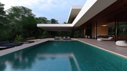 Modern luxury villa with a swimming pool overlooking a lush tropical garden.  Spacious outdoor living area with comfortable seating