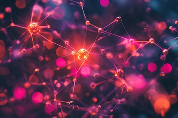 Network nodes connecting and glowing with futuristic energy in pink and purple tones