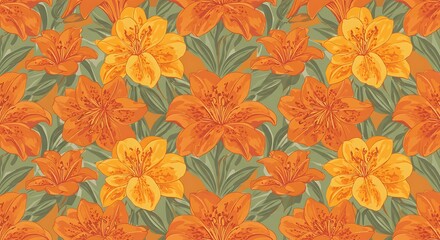 Orange Lily Flower Pattern with Green Leaves Seamless Floral Design