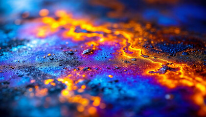 Abstract iridescent oil slick surface with vibrant blue and gold patterns