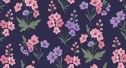Floral Pattern with Pink and Purple Flowers on Dark Background