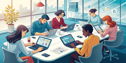 "A vibrant scene showing colleagues gathered around a sleek conference table, brainstorming ideas with laptops and digital tablets open."