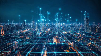 A vibrant nighttime cityscape with glowing blue data networks and futuristic digital grids, representing smart cities, technology, and interconnected urban evolution.