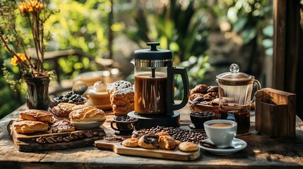 Exquisite Coffee & Bakery Spread: A Perfectly Arranged Treat for Food Lovers