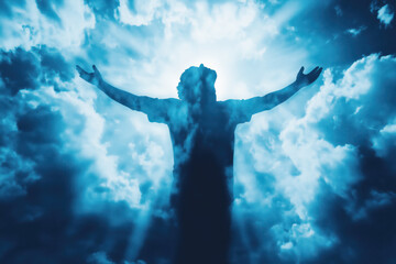 Silhouette of Man Praying in Blue Clouds