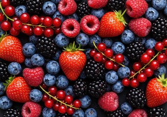 A top-down view of an assortment of fresh berries, including strawberries, raspberries, blueberries, blackberries and red currants