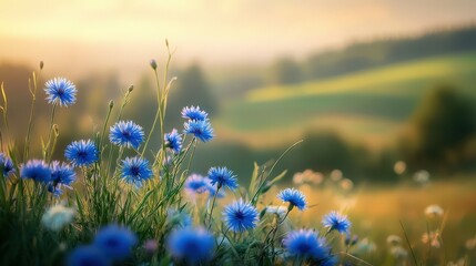 Fototapeta premium Blue flowers in a serene field view