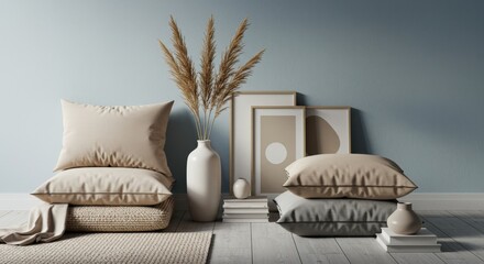 Minimalist interior featuring neutral tones, decorative pillows, and artwork, creating a serene and stylish home atmosphere.