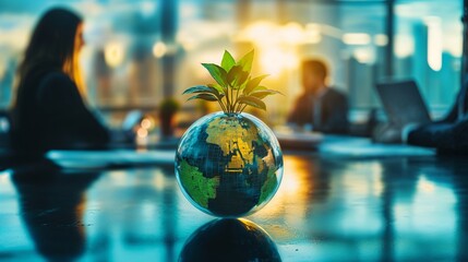 A modern business meeting with professionals discussing sustainability, symbolized by a digital glass globe sprouting green leaves in a bright contemporary office.