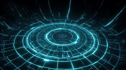 Abstract glowing teal futuristic circular technology interface.