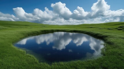 Obraz premium Serene natural pond in a grassy valley under a vast sky