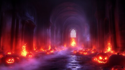 Glowing pumpkins in a dark gothic hallway.