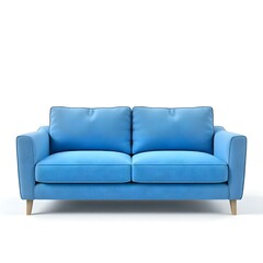 Fototapeta premium soft empty blue double-seat sofa stands on a white isolated background, comfortable fabric couch is alone against the background of a white wall