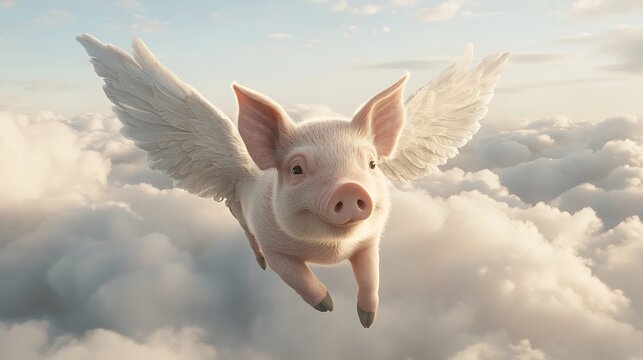 Pig with wings is flying over the clouds, when pigs fly idiom