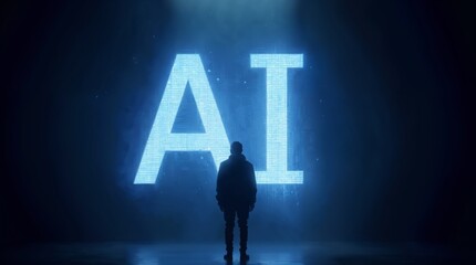 A striking silhouette of a person standing before a glowing AI sign, set in a dark, high-tech atmosphere, symbolizing artificial intelligence and digital evolution.