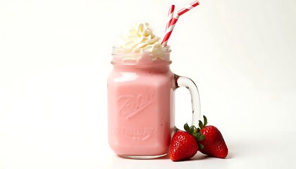 Fresh strawberry and banana smoothie in jar isolated on white background