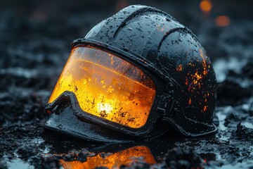 Helmet with visor resting on wet ground reflecting warm glow from a nearby fire at dusk during a firefighting operation