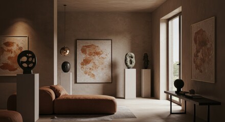 Minimalistic modern living room with abstract art, sculptural objects, and soft lighting creating a serene and artistic atmosphere.




