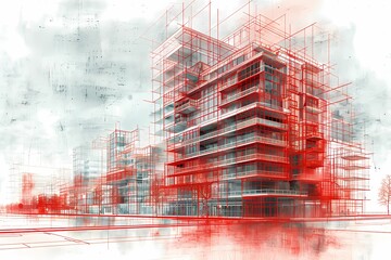 Creating Architectural Building Design with Red Lines and Abstract Background