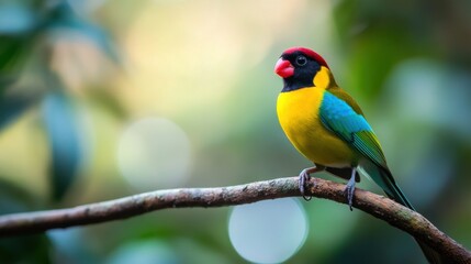 Colorful bird perched on branch in jungle