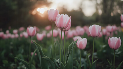 Fototapeta premium Delicate pink tulips in a field at sunset
